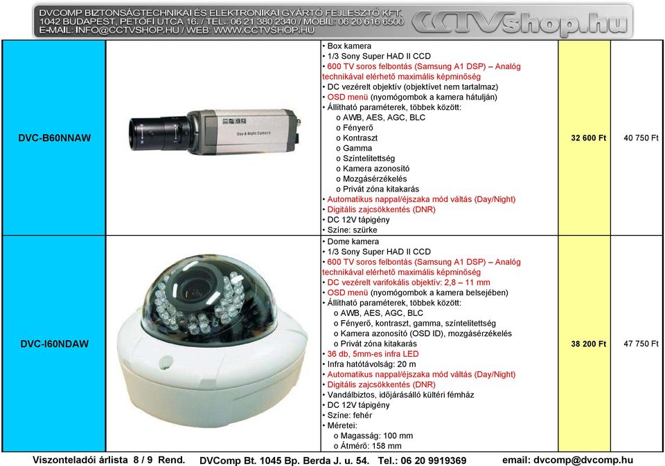 kitakarás Digitális zajcsökkentés (DNR) Színe: szürke Dome kamera 1/3 Sony Super HAD II CCD 600 TV soros felbontás (Samsung A1 DSP) Analóg technikával elérhető maximális képminőség DC vezérelt