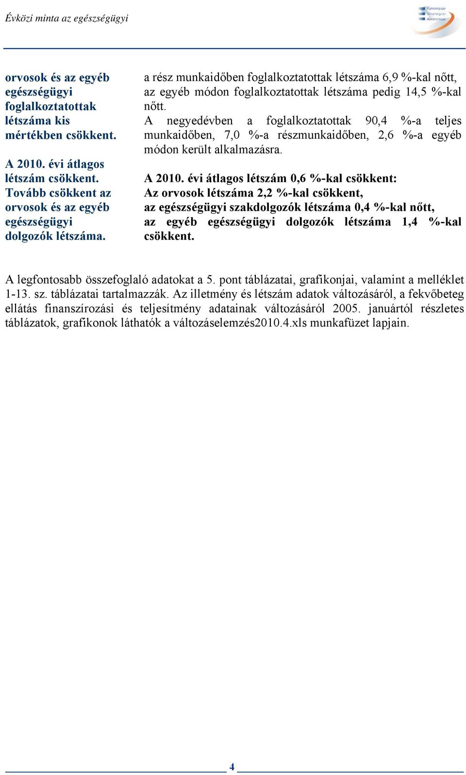 A negyedévben a foglalkoztatottak 90,4 %-a teljes munkaidőben, 7,0 %-a részmunkaidőben, 2,6 %-a egyéb módon került alkalmazásra. A 2010.