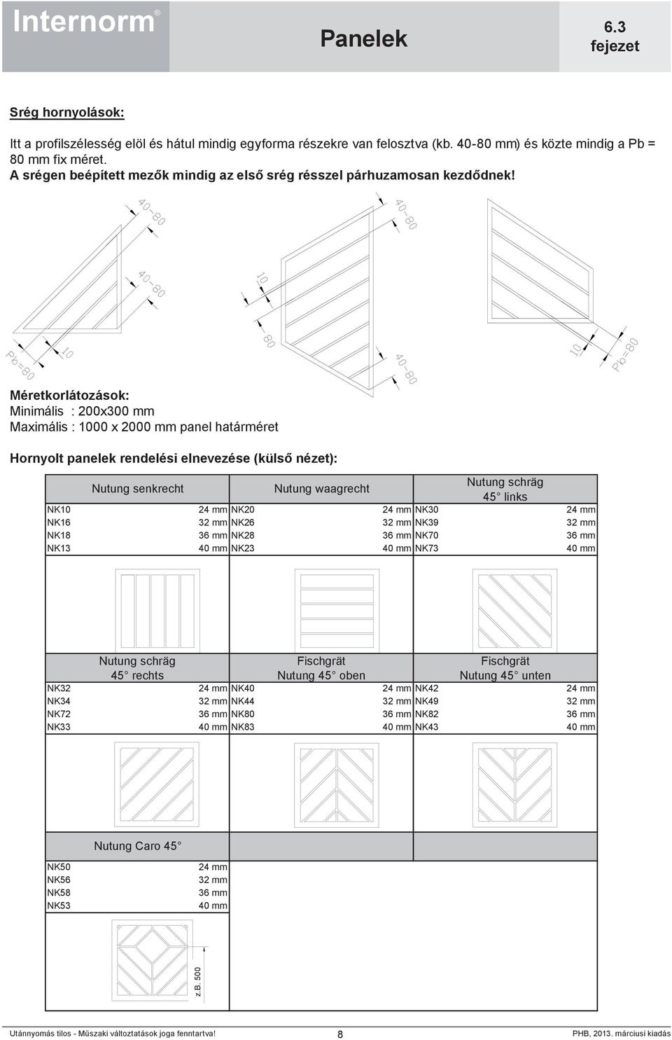 Méretkorlátozások: Minimális : 200x300 mm Maximális : 1000 x 2000 mm panel határméret Hornyolt panelek rendelési elnevezése (külső nézet): Nutung senkrecht Nutung waagrecht Nutung schräg 45 links