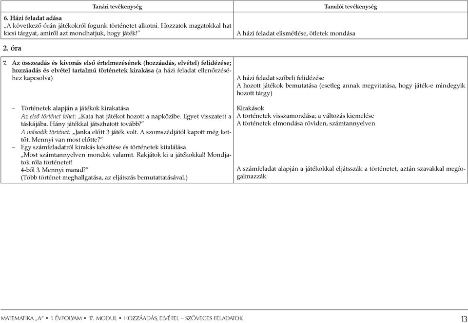 Az összeadás és kivonás első értelmezésének (hozzáadás, elvétel) felidézése; hozzáadás és elvétel tartalmú történetek kirakása (a házi feladat ellenőrzéséhez kapcsolva) Történetek alapján a játékok