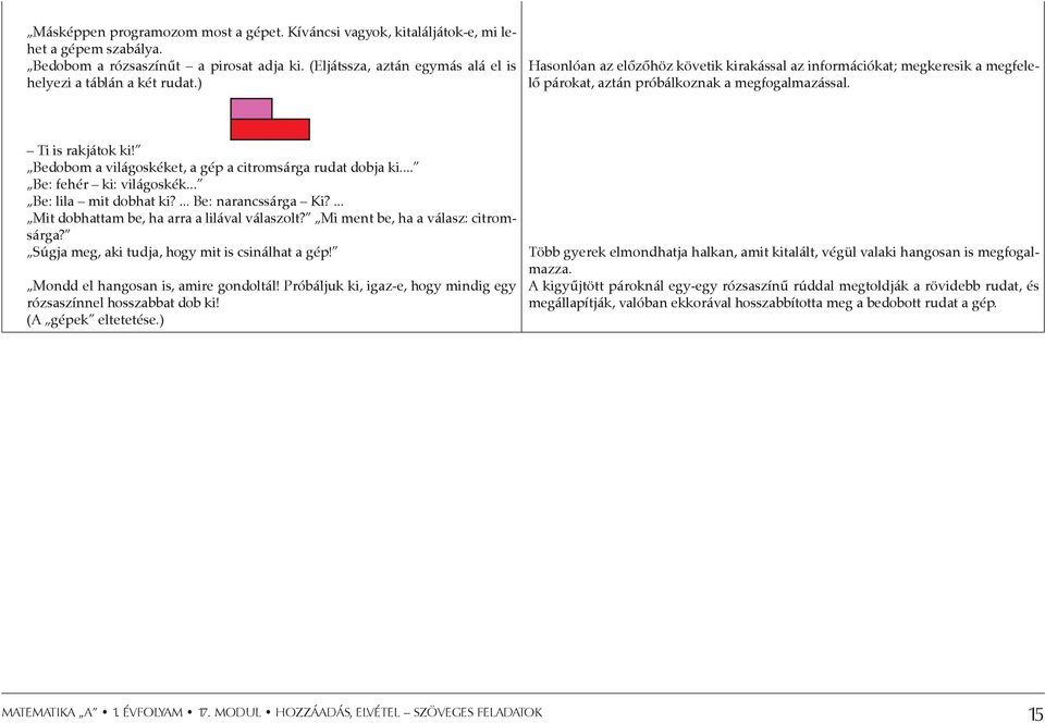 Ti is rakjátok ki! Bedobom a világoskéket, a gép a citromsárga rudat dobja ki... Be: fehér ki: világoskék... Be: lila mit dobhat ki?... Be: narancssárga Ki?