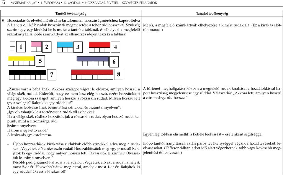 Szükség szerint egy-egy kirakást be is mutat a tanító a táblánál, és elhelyezi a megfelelő számkártyát.