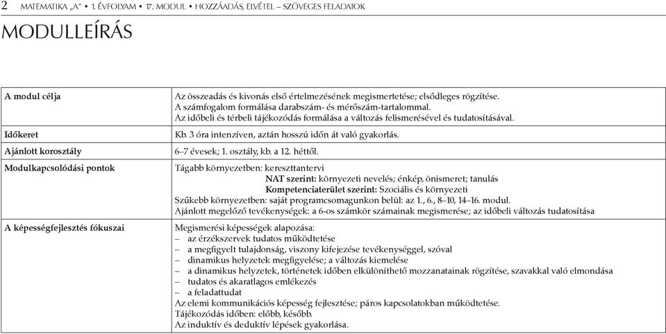 megismertetése; elsődleges rögzítése. A számfogalom formálása darabszám- és mérőszám-tartalommal. Az időbeli és térbeli tájékozódás formálása a változás felismerésével és tudatosításával. Kb.