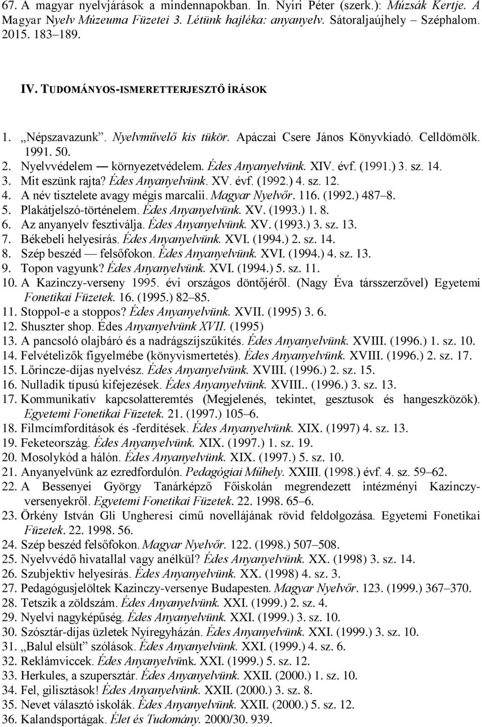 ) 3. sz. 14. 3. Mit eszünk rajta? Édes Anyanyelvünk. XV. évf. (1992.) 4. sz. 12. 4. A név tisztelete avagy mégis marcalii. Magyar Nyelvőr. 116. (1992.) 487 8. 5. Plakátjelszó-történelem.