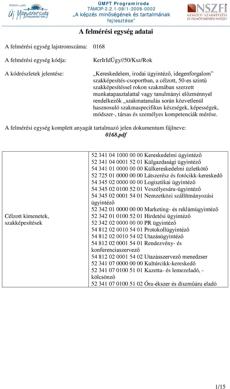 hasznosuló szakmaspecifikus készségek, képességek, módszer-, társas és személyes kompetenciák mérése. A felmérési egység komplett anyagát tartalmazó jelen dokumentum fájlneve: 0168.