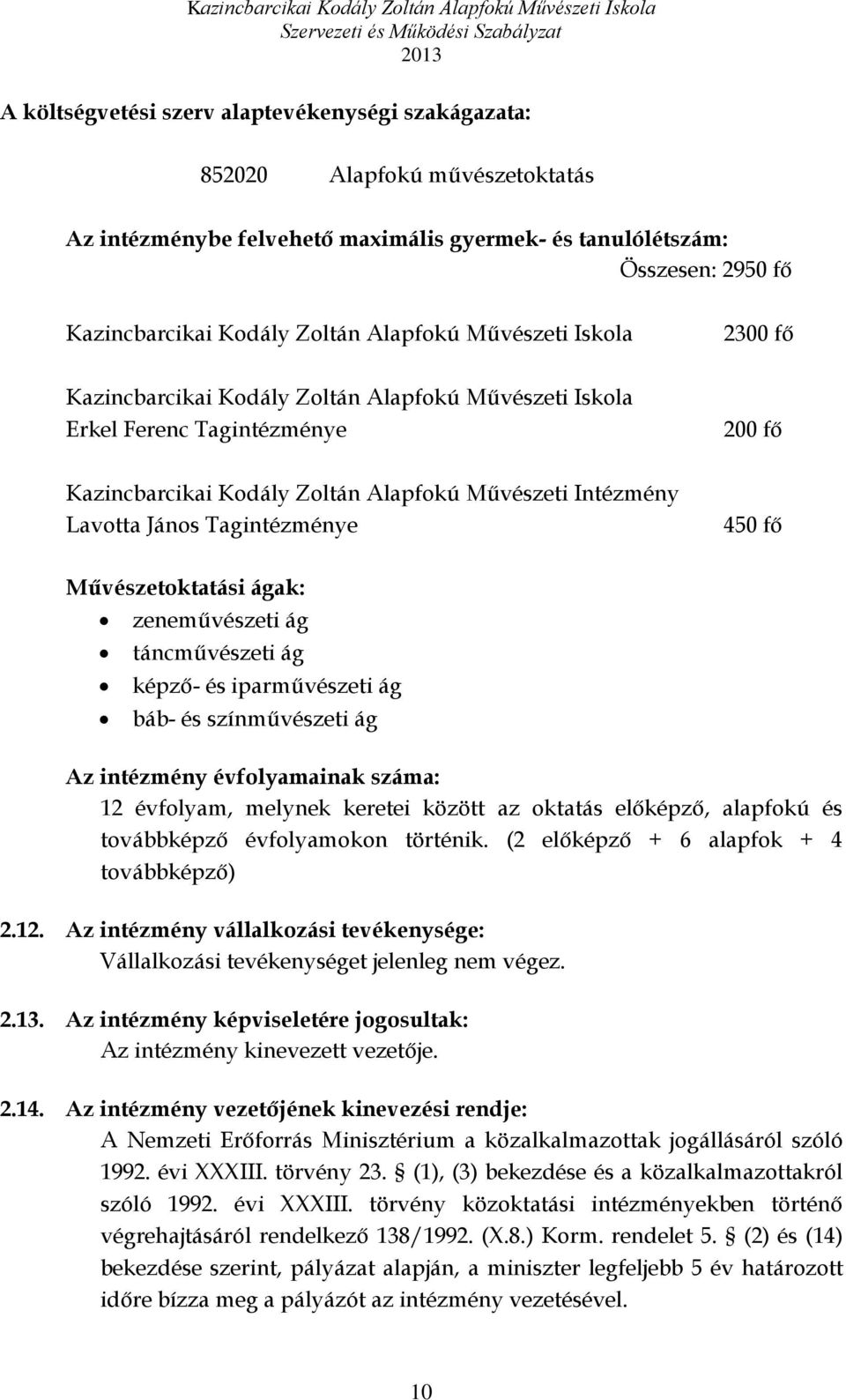 Tagintézménye 450 fő Művészetoktatási ágak: zeneművészeti ág táncművészeti ág képző- és iparművészeti ág báb- és színművészeti ág Az intézmény évfolyamainak száma: 12 évfolyam, melynek keretei között
