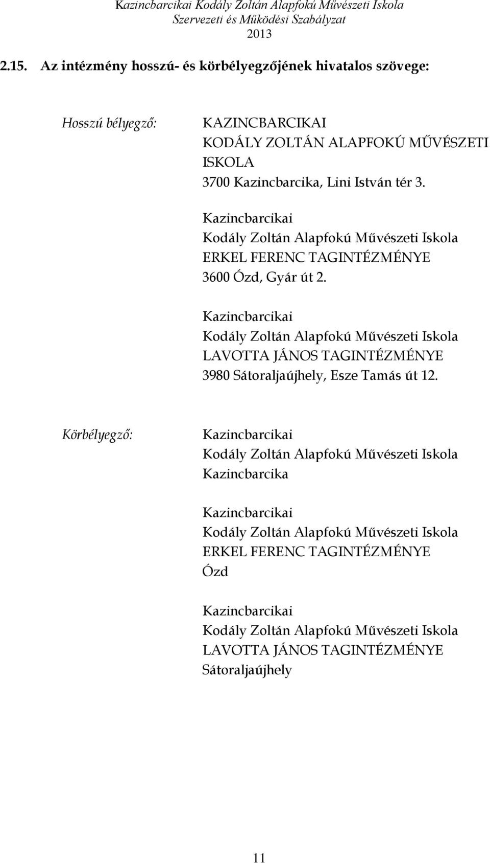 Kazincbarcikai Kodály Zoltán Alapfokú Művészeti Iskola LAVOTTA JÁNOS TAGINTÉZMÉNYE 3980 Sátoraljaújhely, Esze Tamás út 12.