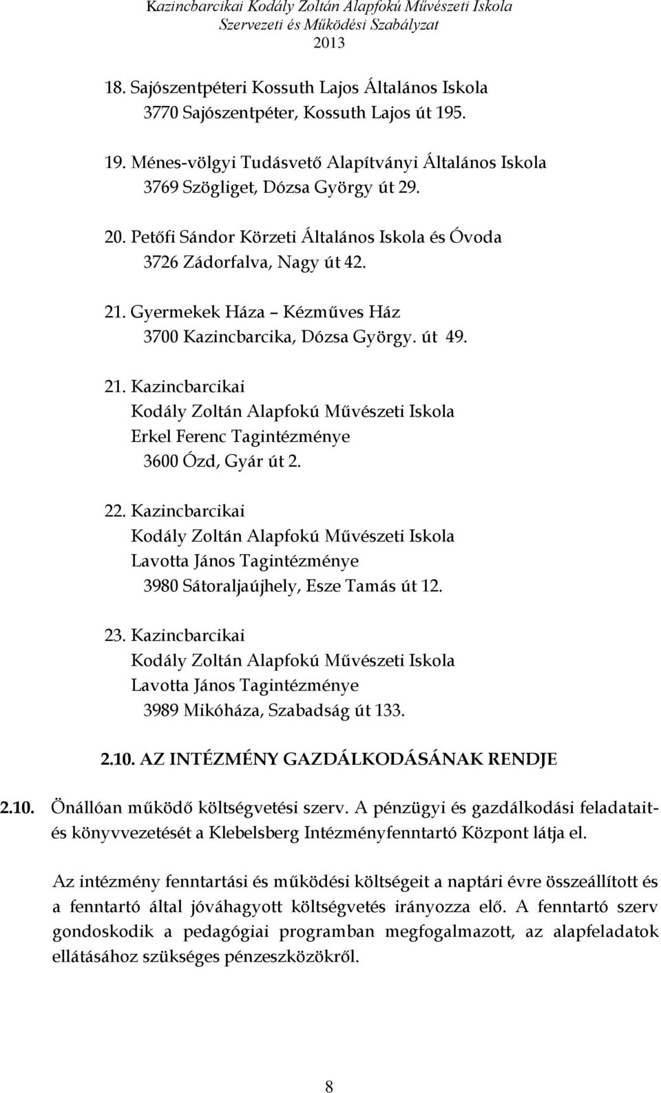22. Kazincbarcikai Kodály Zoltán Alapfokú Művészeti Iskola Lavotta János Tagintézménye 3980 Sátoraljaújhely, Esze Tamás út 12. 23.