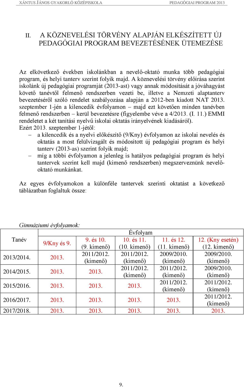 A köznevelési törvény előírása szerint iskolánk új pedagógiai programját (2013-ast) vagy annak módosítását a jóváhagyást követő tanévtől felmenő rendszerben vezeti be, illetve a Nemzeti alaptanterv
