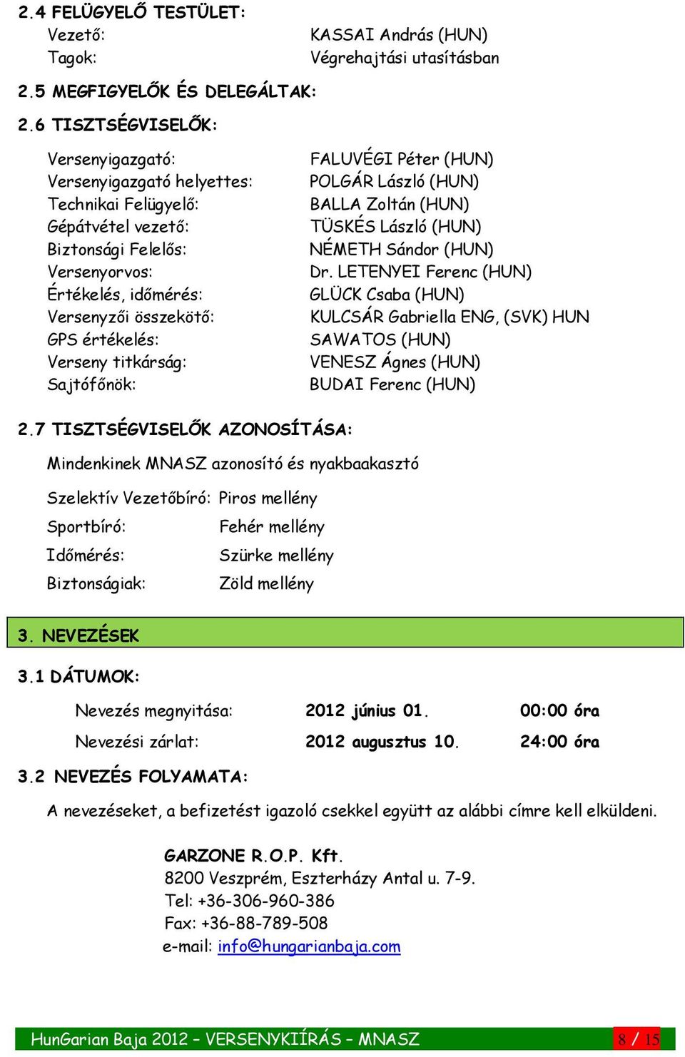 Verseny titkárság: Sajtófőnök: FALUVÉGI Péter (HUN) POLGÁR László (HUN) BALLA Zoltán (HUN) TÜSKÉS László (HUN) NÉMETH Sándor (HUN) Dr.
