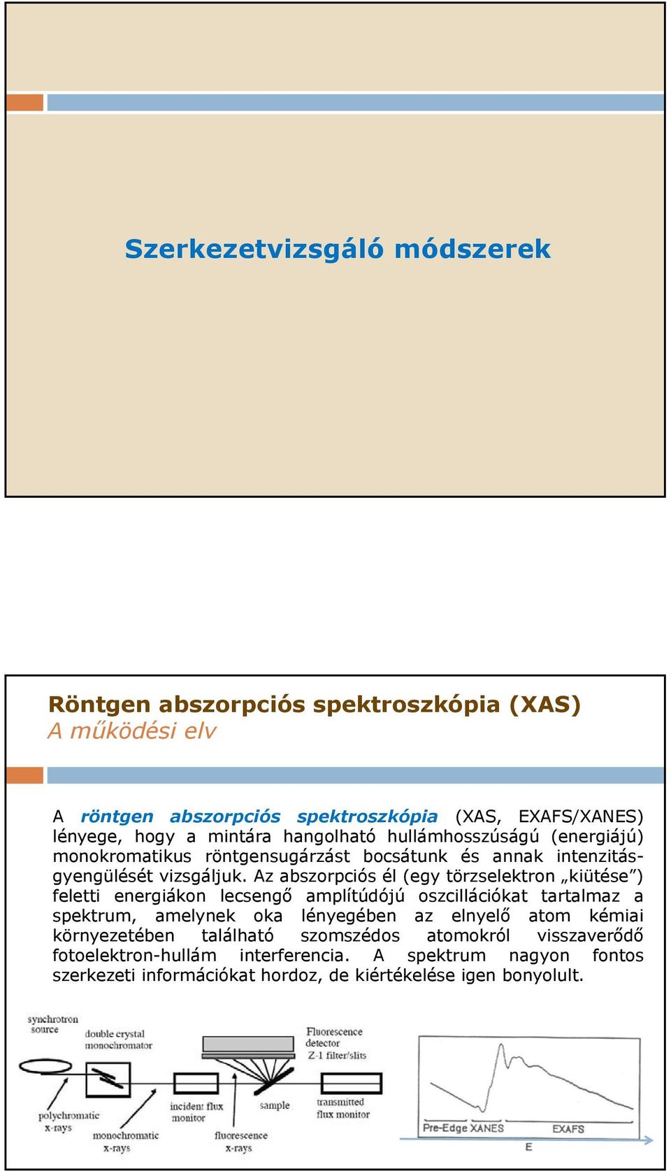 Az abszorpciós él (egy törzselektron kiütése ) feletti energiákon lecsengő amplítúdójú oszcillációkat tartalmaz a spektrum, amelynek oka lényegében az elnyelő