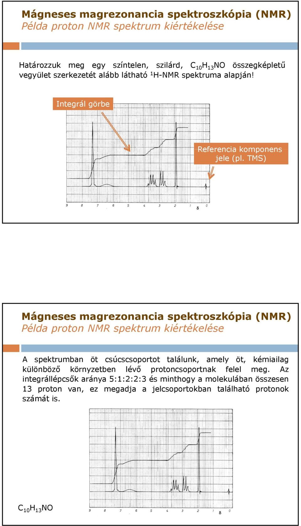 TMS) δ Mágneses magrezonancia spektroszkópia (NMR) Példa proton NMR spektrum kiértékelése A spektrumban öt csúcscsoportot találunk, amely öt, kémiailag