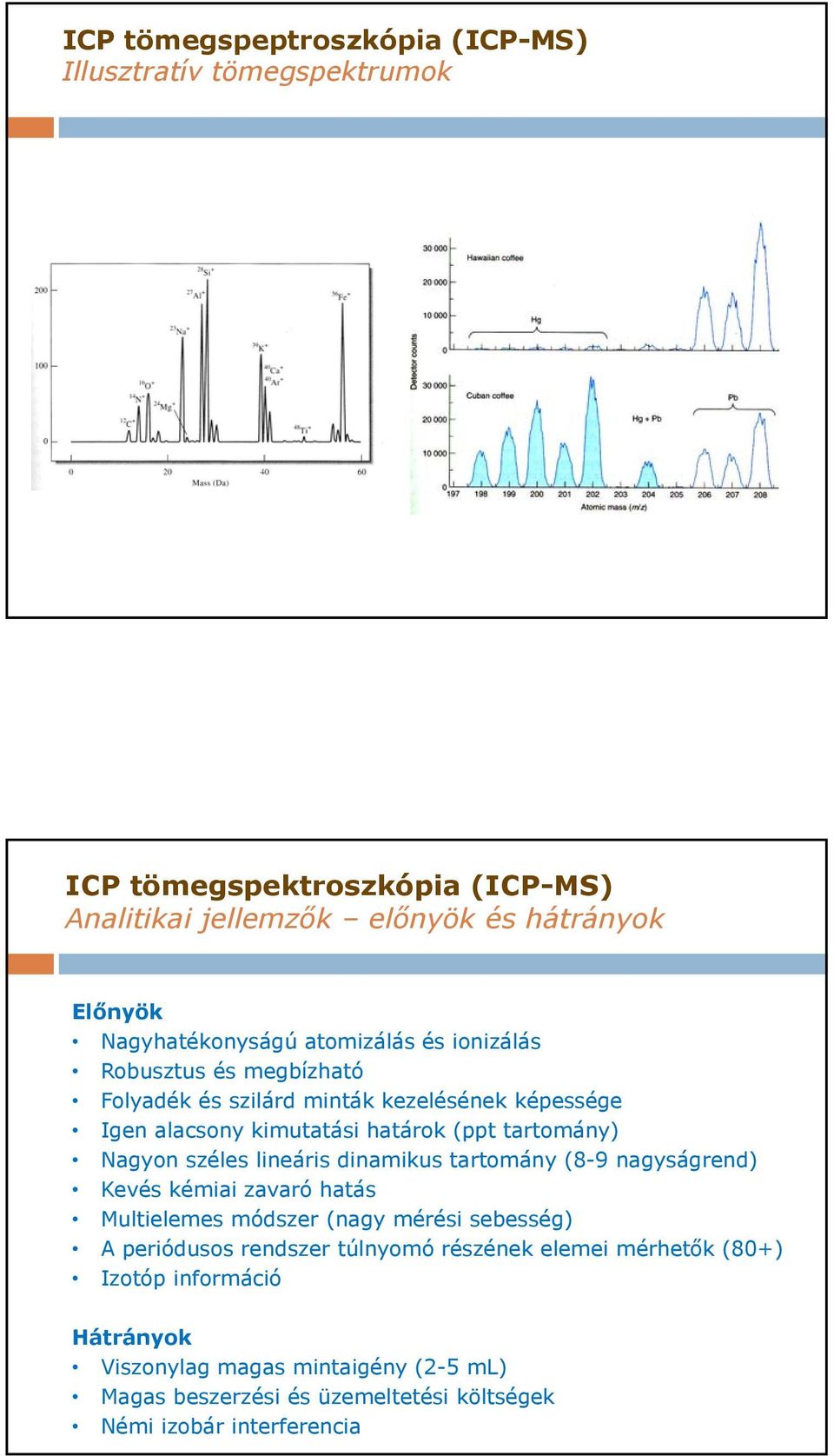 tartomány) Nagyon széles lineáris dinamikus tartomány (8-9 nagyságrend) Kevés kémiai zavaró hatás Multielemes módszer (nagy mérési sebesség) A periódusos