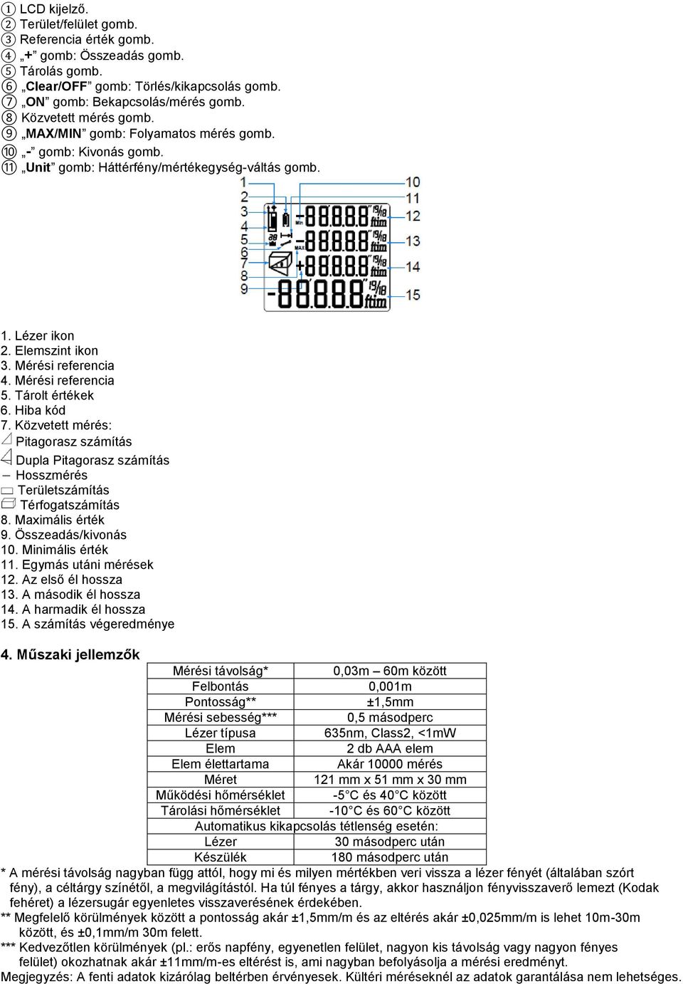 Mérési referencia 5. Tárolt értékek 6. Hiba kód 7. Közvetett mérés: Pitagorasz számítás Dupla Pitagorasz számítás Hosszmérés Területszámítás Térfogatszámítás 8. Maximális érték 9.