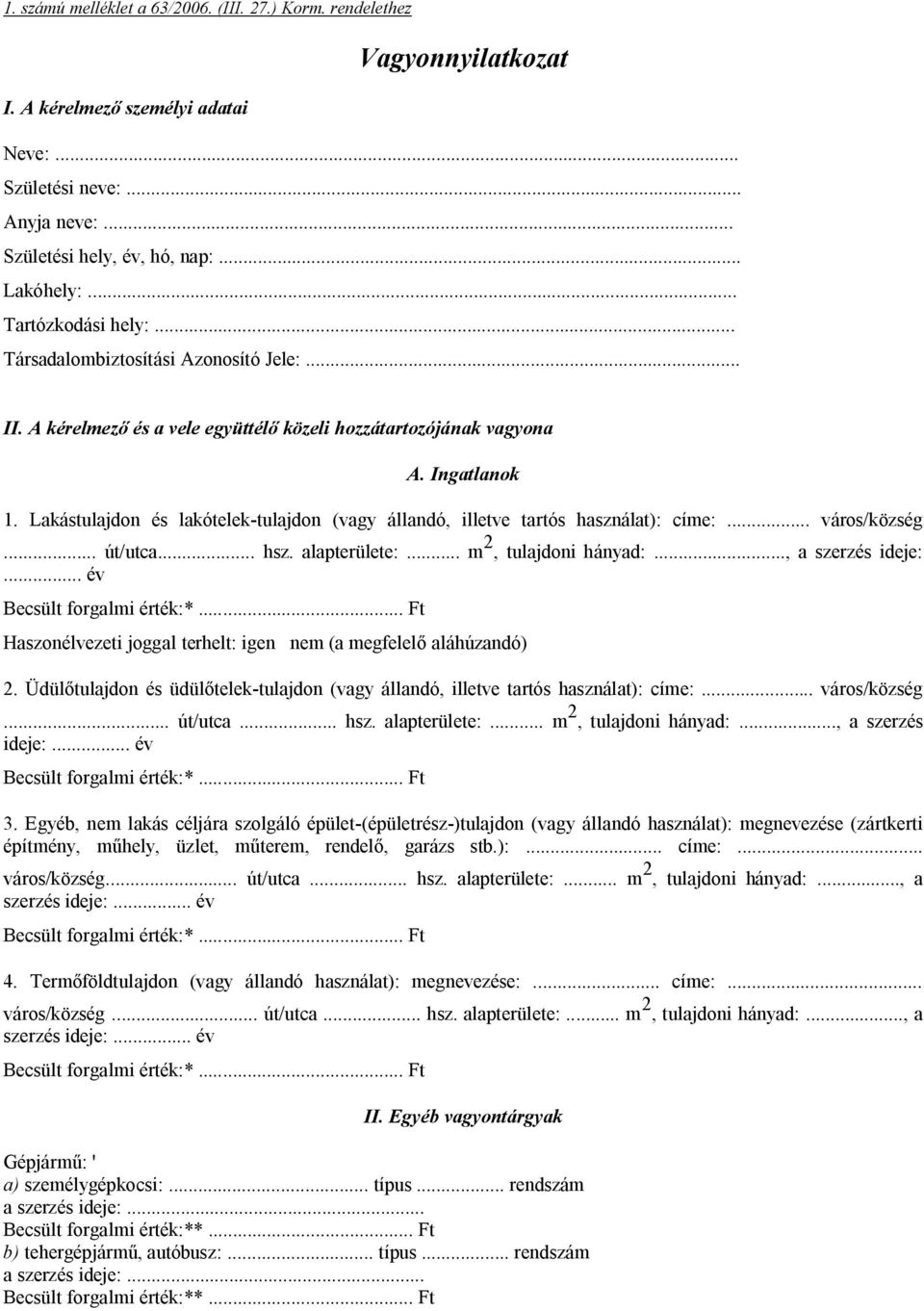 Lakástulajdon és lakótelek-tulajdon (vagy állandó, illetve tartós használat): címe:... város/község... út/utca... hsz. alapterülete:... m 2, tulajdoni hányad:..., a szerzés ideje:.