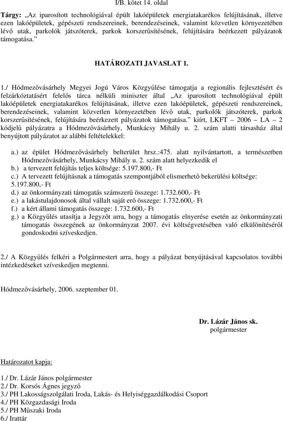 lévő utak, parkolók játszóterek, parkok korszerűsítésének, felújítására beérkezett pályázatok támogatása. HATÁROZATI JAVASLAT 1.