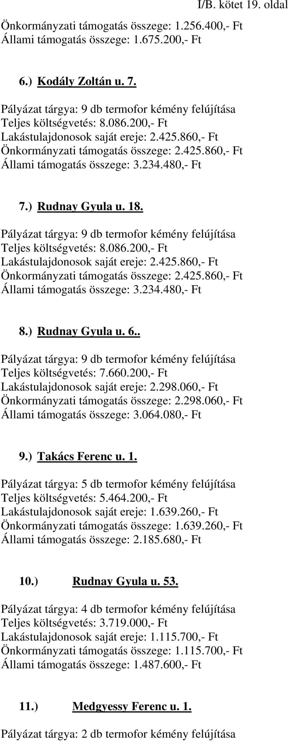 234.480,- Ft 7.) Rudnay Gyula u. 18. 234.480,- Ft 8.) Rudnay Gyula u. 6.. Pályázat tárgya: 9 db termofor kémény felújítása Teljes költségvetés: 7.660.200,- Ft Lakástulajdonosok saját ereje: 2.298.