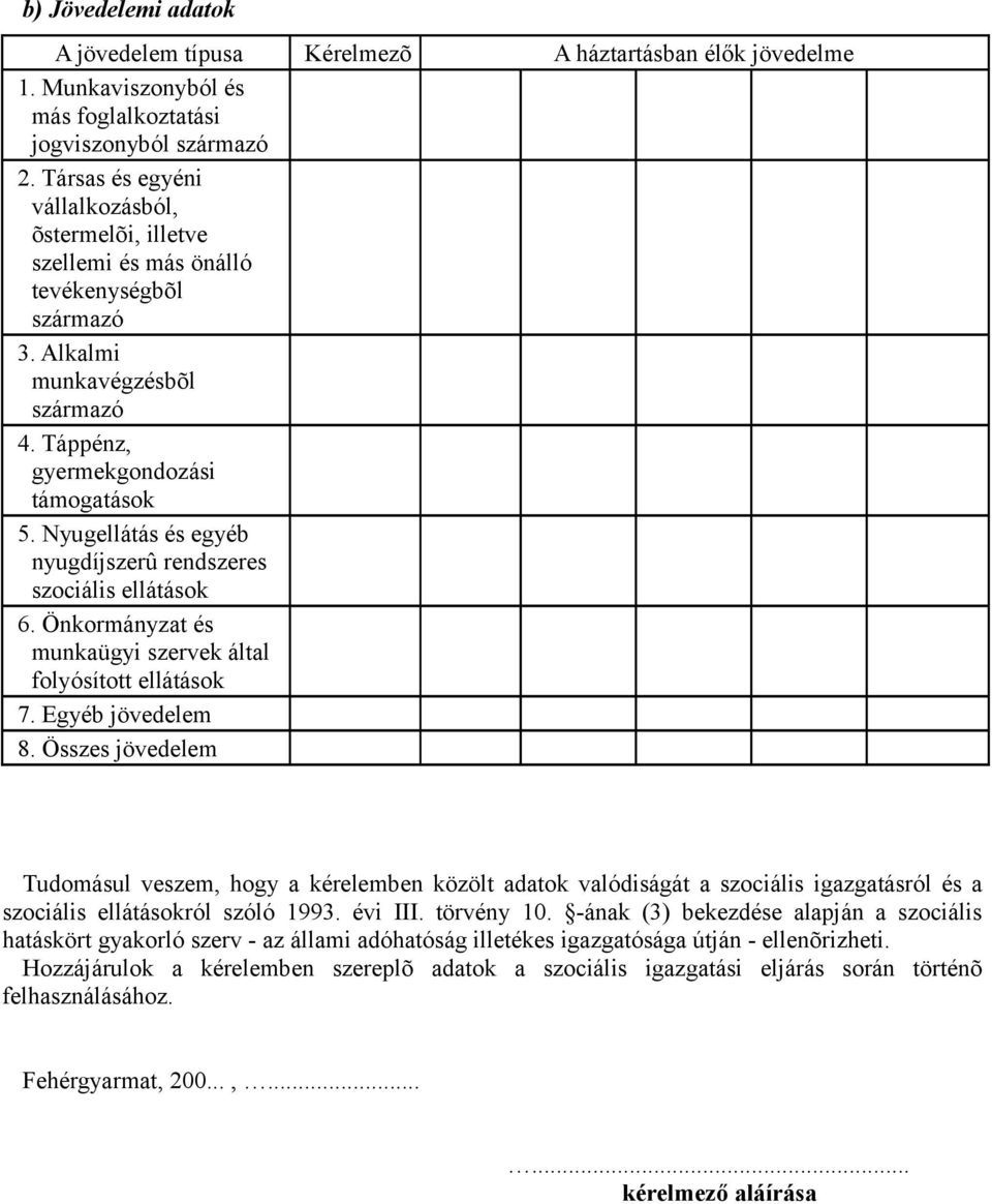 Nyugellátás és egyéb nyugdíjszerû rendszeres szociális ellátások 6. Önkormányzat és munkaügyi szervek által folyósított ellátások 7. Egyéb jövedelem 8.