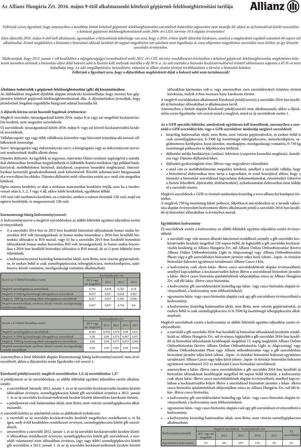 május 9-étől kell alkalmazni, ugyanakkor a biztosítónak lehetősége van arra, hogy a 2016. évben újabb díjtarifát hirdessen, amelyet a meghirdetés napjától számított 60 napon túl alkalmazhat.
