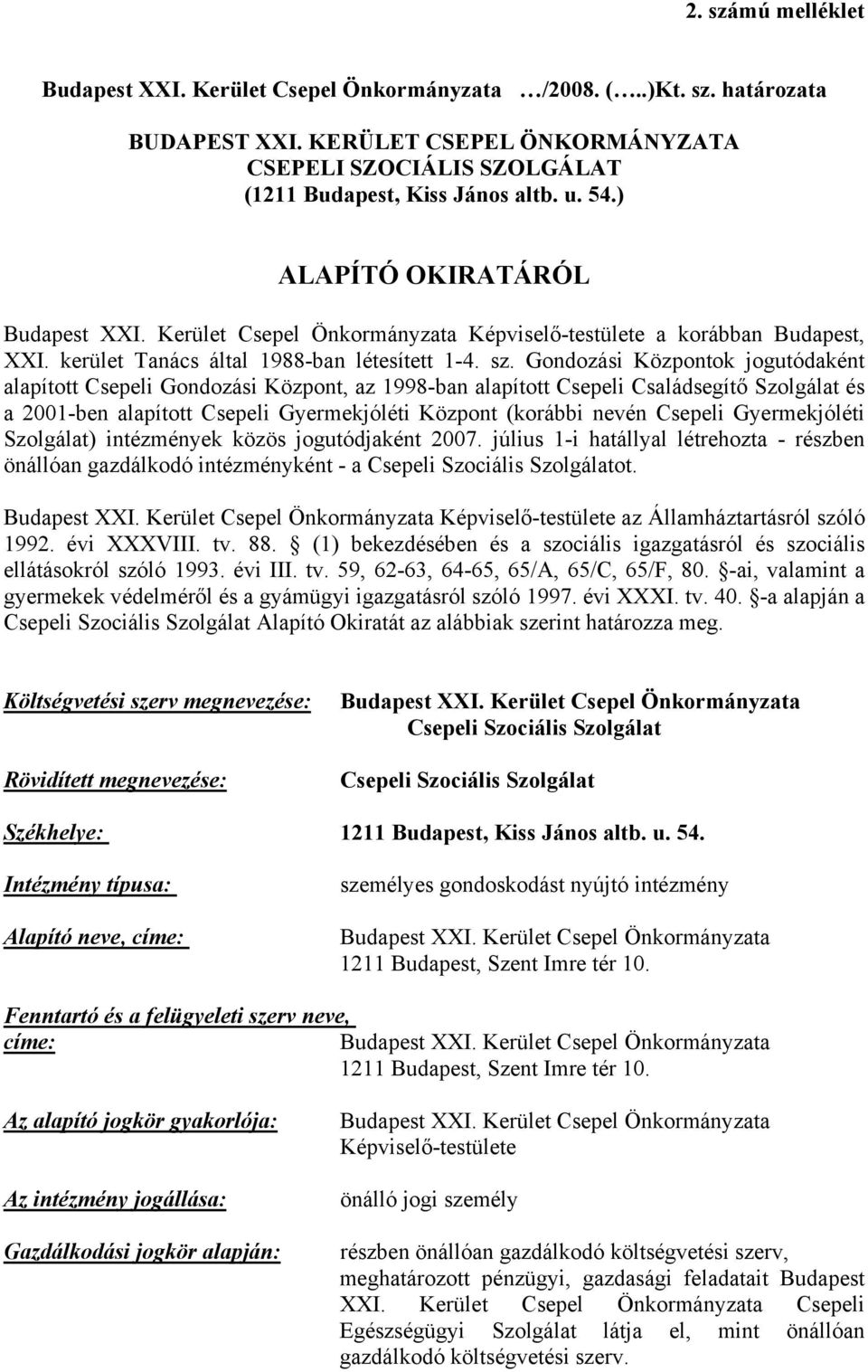 Gondozási Központok jogutódaként alapított Csepeli Gondozási Központ, az 1998-ban alapított Csepeli Családsegítő Szolgálat és a 2001-ben alapított Csepeli Gyermekjóléti Központ (korábbi nevén Csepeli