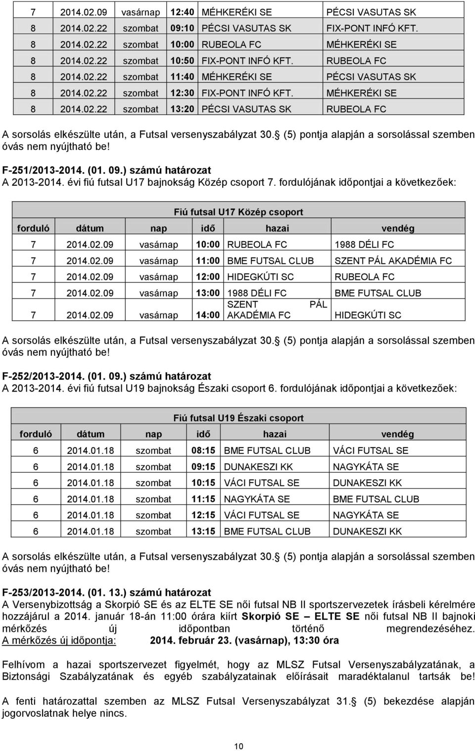 09.) számú határozat A 2013-2014. évi fiú futsal U17 bajnokság Közép csoport 7. fordulójának időpontjai a következőek: Fiú futsal U17 Közép csoport 7 2014.02.