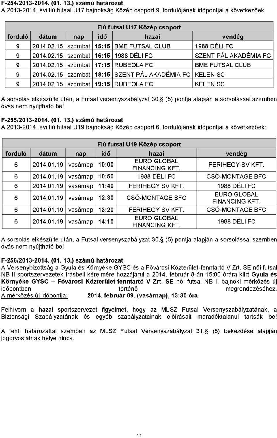 02.15 szombat 19:15 RUBEOLA KELEN SC F-255/2013-2014. (01. 13.) számú határozat A 2013-2014. évi fiú futsal U19 bajnokság Közép csoport 6.