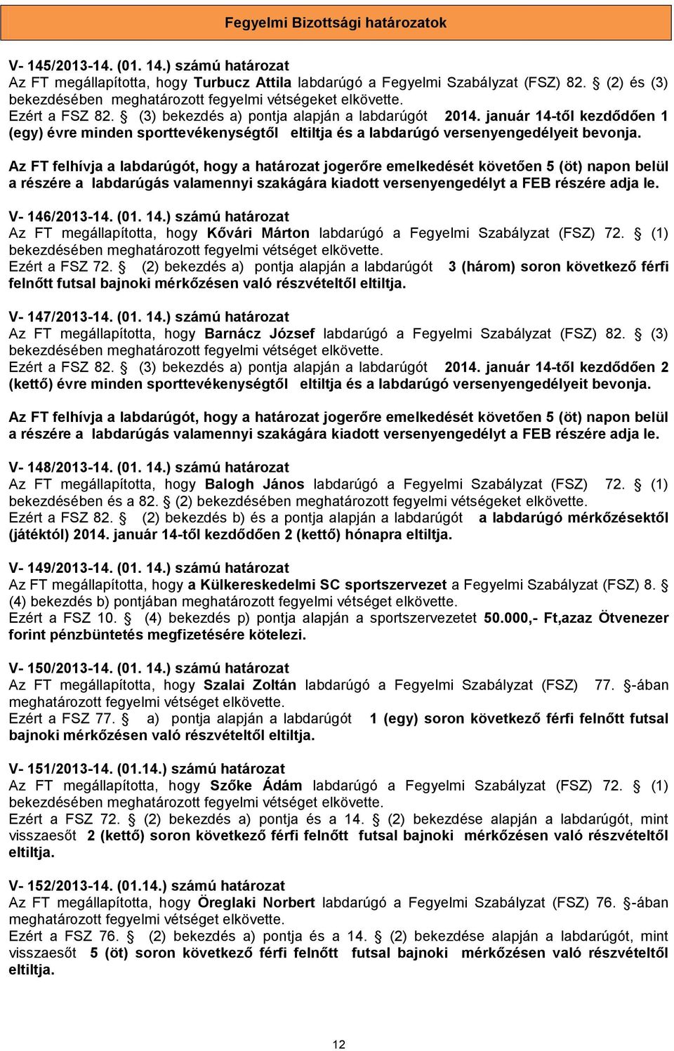 január 14-től kezdődően 1 (egy) évre minden sporttevékenységtől eltiltja és a labdarúgó versenyengedélyeit bevonja.