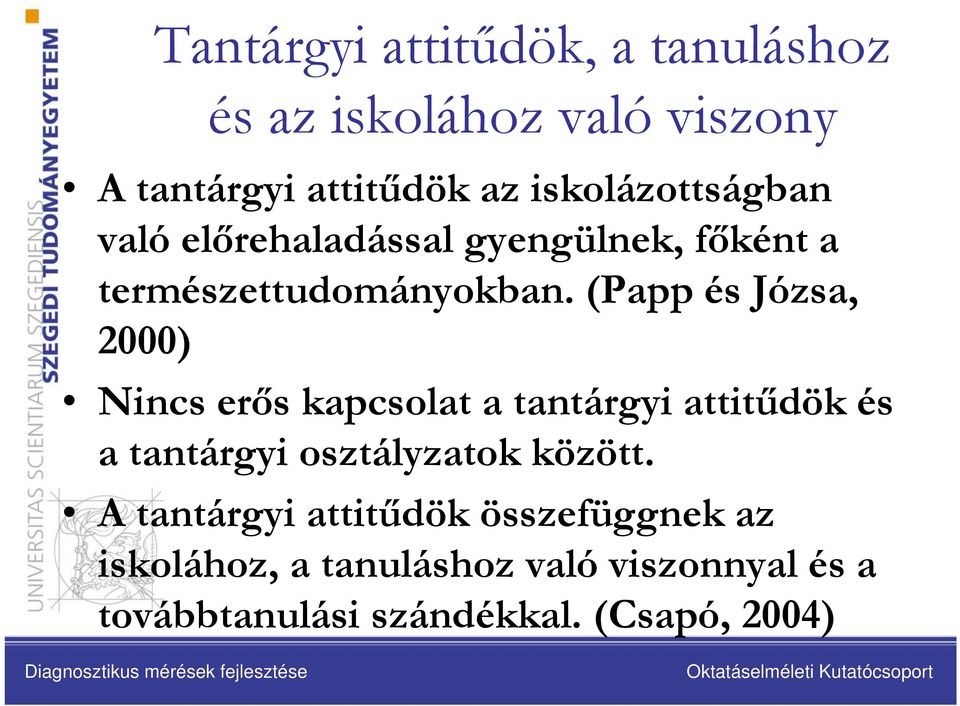 (Papp és Józsa, 2000) Nincs erős kapcsolat a tantárgyi attitűdök és a tantárgyi osztályzatok