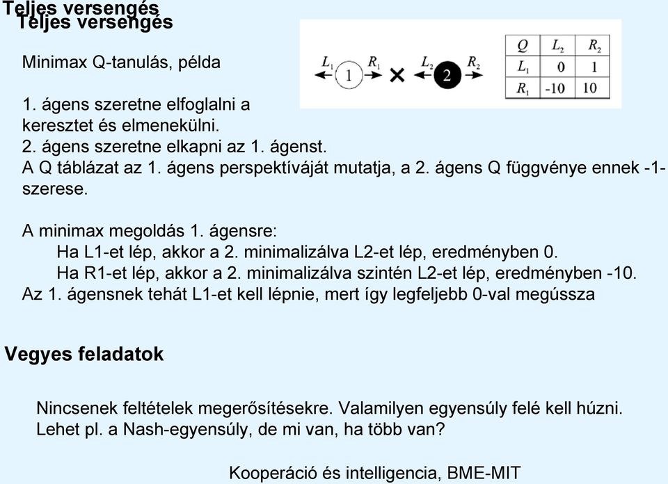 minimalizálva L2-et lép, eredményben 0. Ha R1-et lép, akkor a 2. minimalizálva szintén L2-et lép, eredményben -10. Az 1.