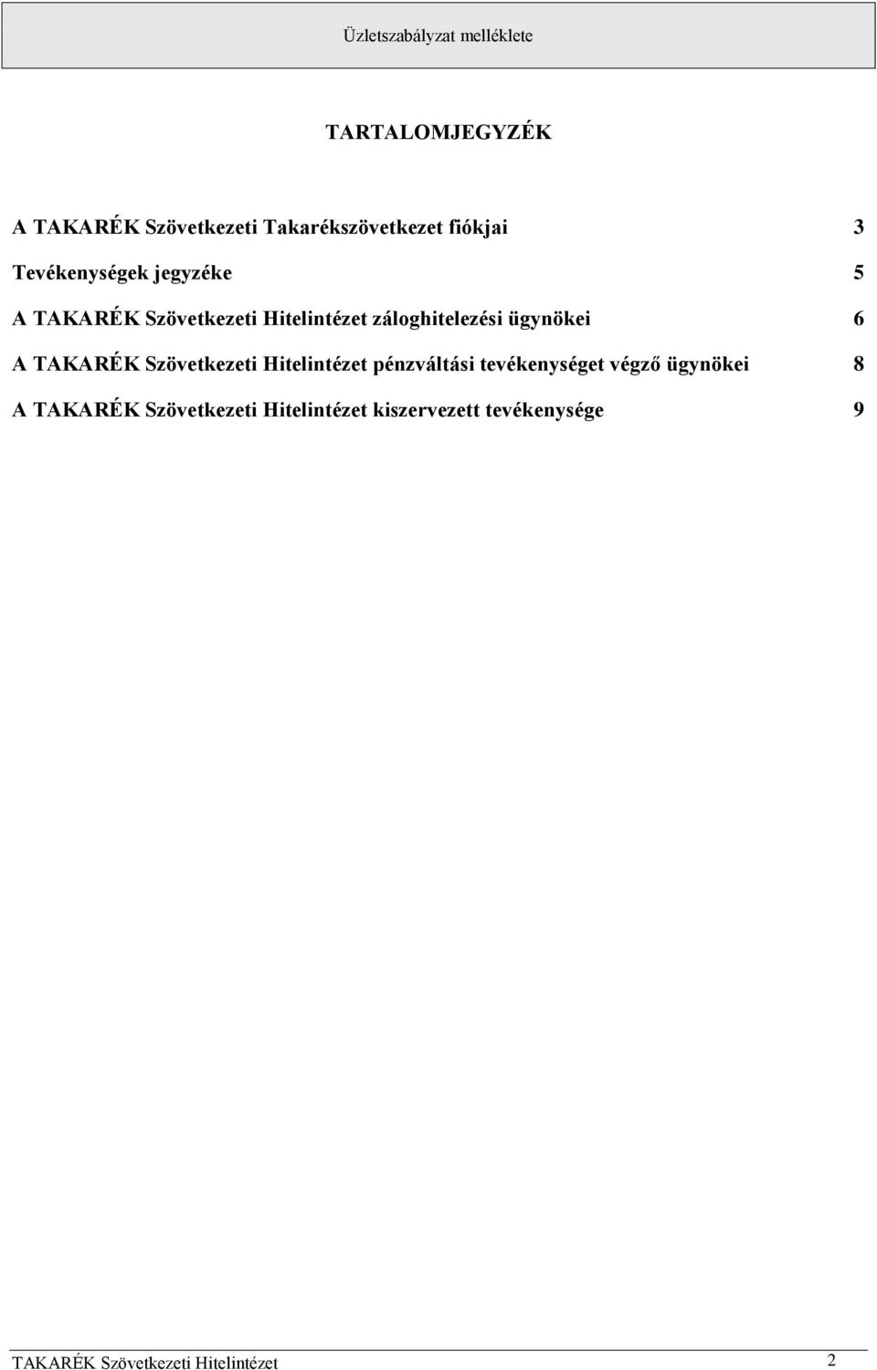 Szövetkezeti Hitelintézet pénzváltási tevékenységet végző ügynökei 8 A TAKARÉK