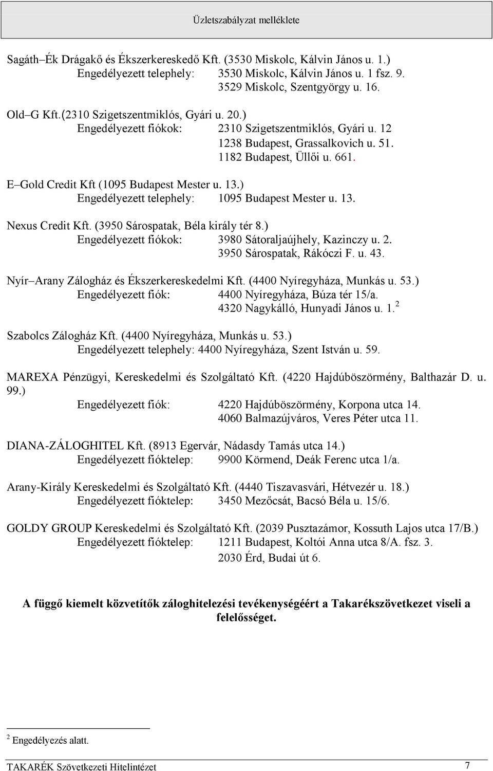 E Gold Credit Kft (1095 Budapest Mester u. 13.) Engedélyezett telephely: 1095 Budapest Mester u. 13. Nexus Credit Kft. (3950 Sárospatak, Béla király tér 8.