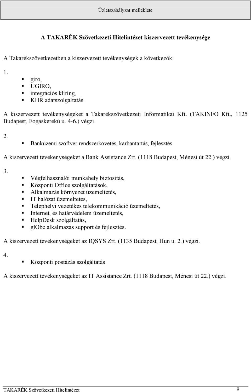 anküzemi szoftver rendszerkövetés, karbantartás, fejlesztés A kiszervezett tevékenységeket a Bank Assistance Zrt. (1118 Budapest, Ménesi út 22.) végzi. 3.