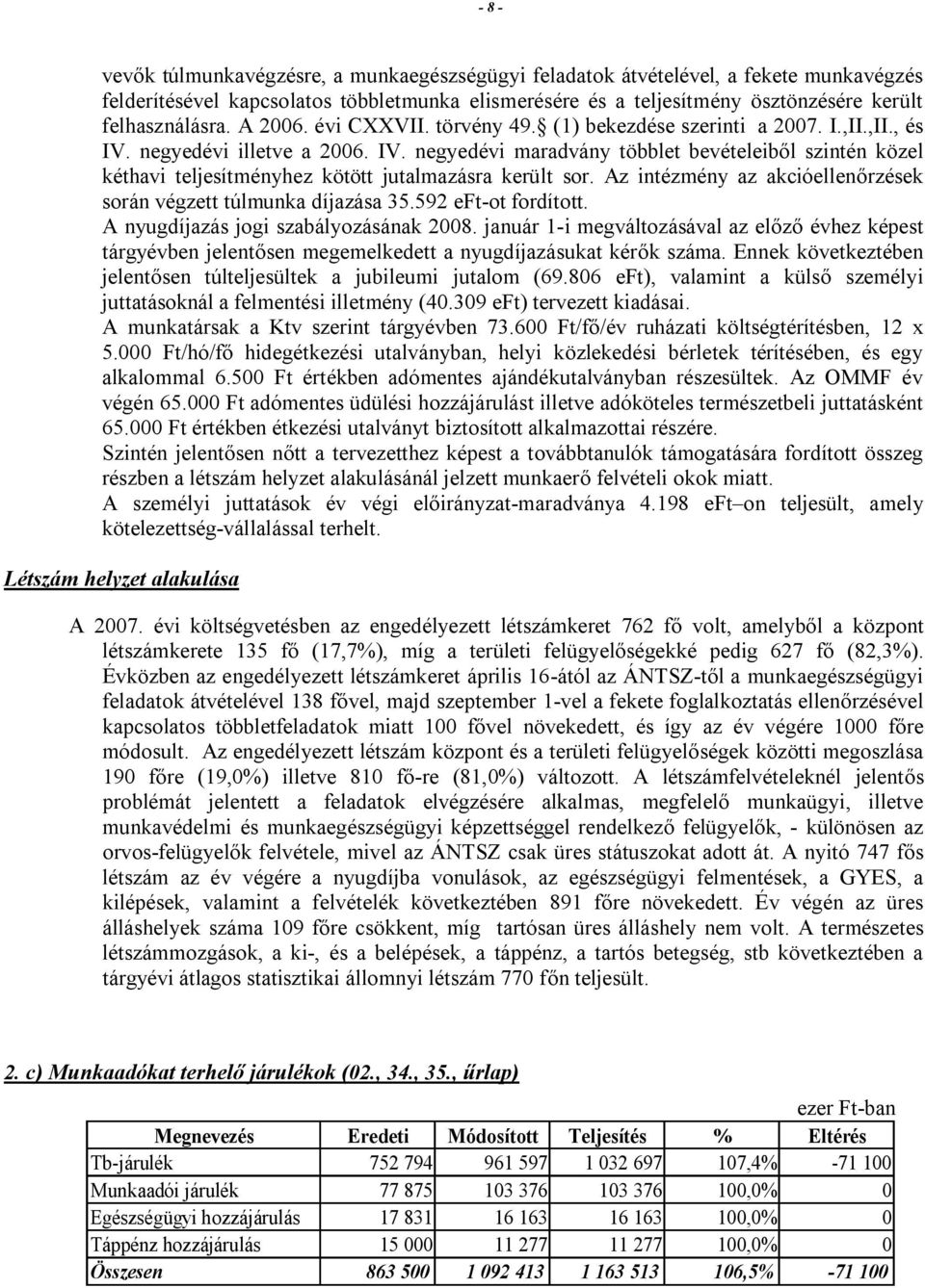Az intézmény az akcióellenőrzések során végzett túlmunka díjazása 35.592 eft-ot fordított. A nyugdíjazás jogi szabályozásának 2008.