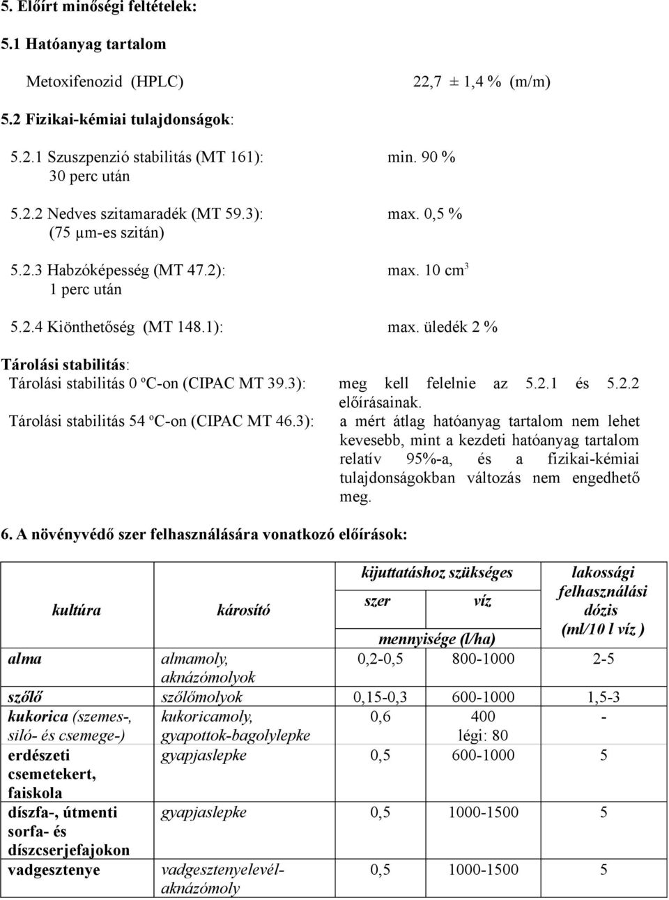 3): meg kell felelnie az 5.2.1 és 5.2.2 előírásainak. Tárolási stabilitás 54 o C-on (CIPAC MT 46.