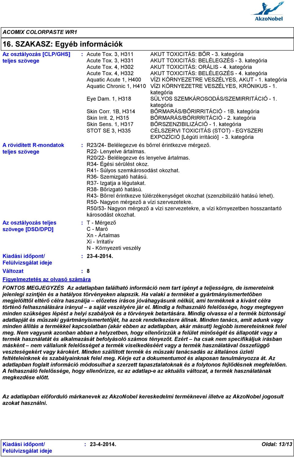 kategória Aquatic Acute 1, H400 VÍZI KÖRNYEZETRE VESZÉLYES, AKUT - 1. kategória Aquatic Chronic 1, H410 VÍZI KÖRNYEZETRE VESZÉLYES, KRÓNIKUS - 1. kategória Eye Dam.