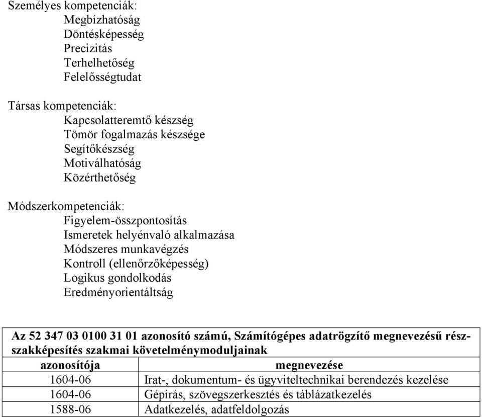 Logikus gondolkodás Eredményorientáltság Az 52 347 03 0100 31 01 azonosító számú, Számítógépes adatrögzítő megnevezésű részszakképesítés szakmai követelménymoduljainak