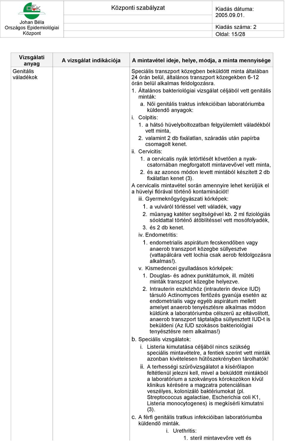 a hátsó hüvelyboltozatban felgyülemlett váladékból vett minta, 2. valamint 2 db fixálatlan, száradás után papírba csomagolt kenet. ii. Cervicitis: 1.