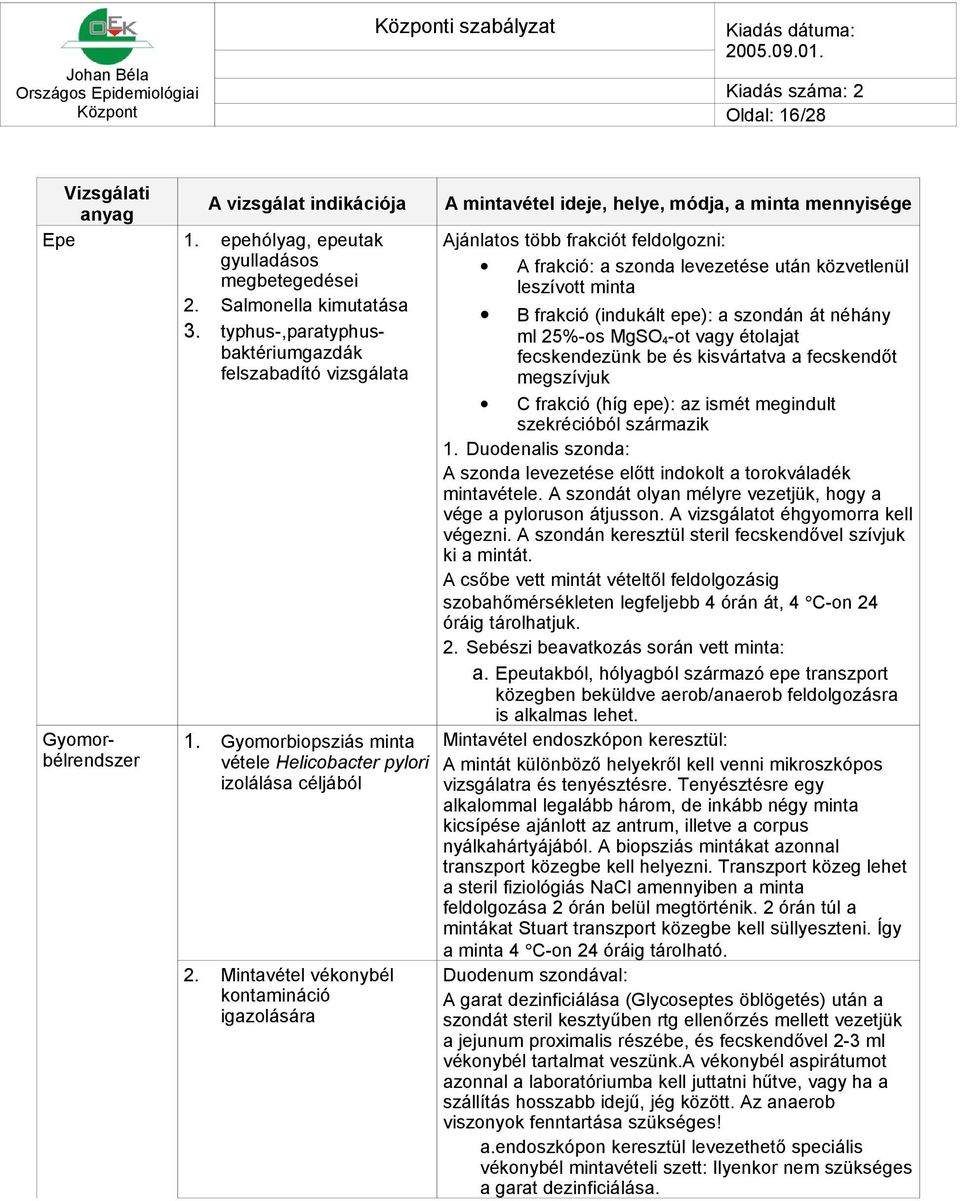 Mintavétel vékonybél kontamináció igazolására Ajánlatos több frakciót feldolgozni: A frakció: a szonda levezetése után közvetlenül leszívott minta B frakció (indukált epe): a szondán át néhány ml