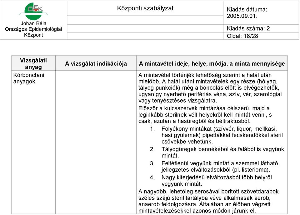 Először a kulcsszervek mintázása célszerű, majd a leginkább sterilnek vélt helyekről kell mintát venni, s csak, ezután a hasüregből és béltraktusból. 1.