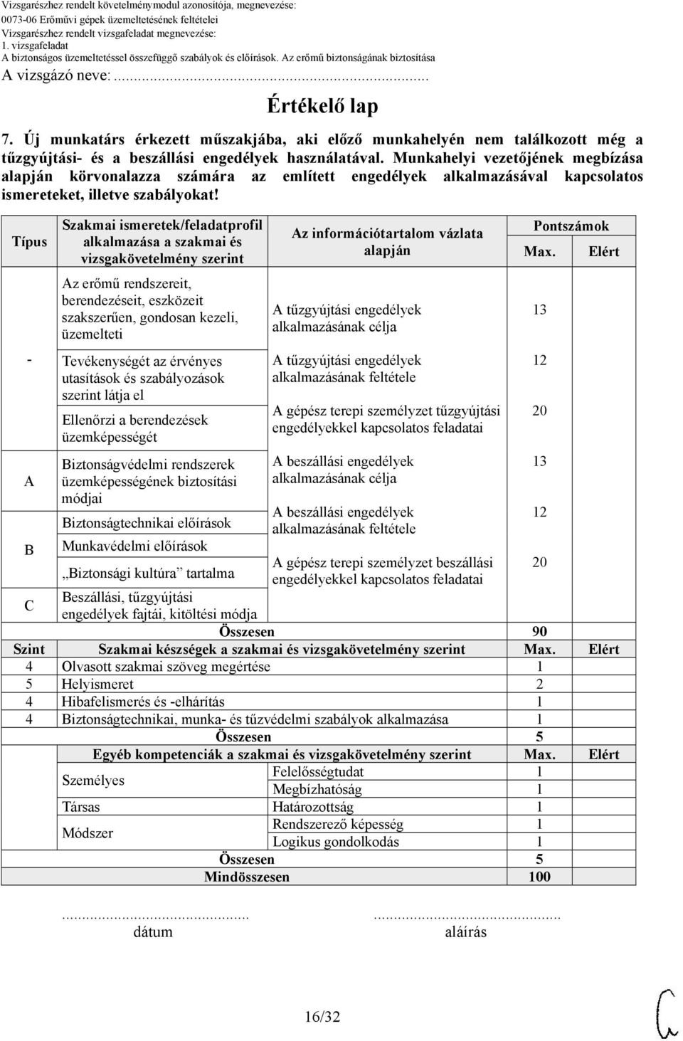 Típus - A B C Szakmai ismeretek/feladatprofil alkalmazása a szakmai és vizsgakövetelmény szerint Az erőmű rendszereit, berendezéseit, eszközeit szakszerűen, gondosan kezeli, üzemelteti Tevékenységét