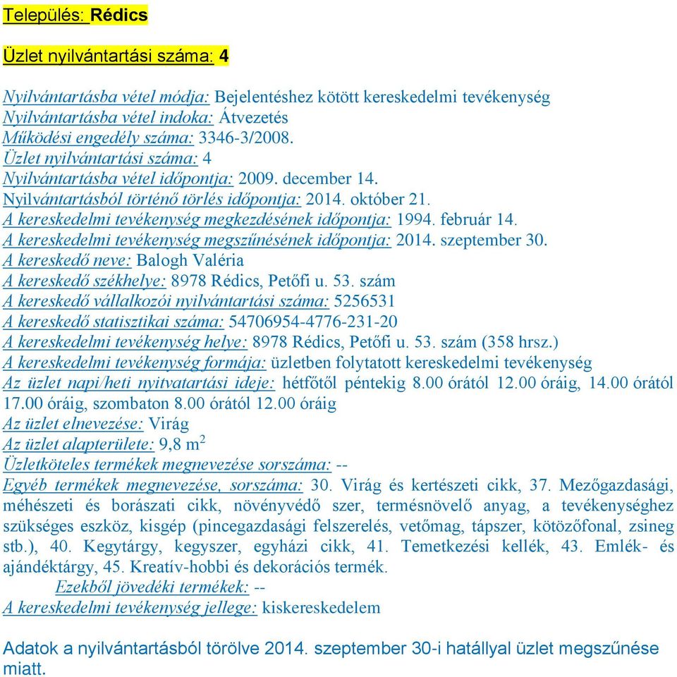 február 14. A kereskedelmi tevékenység megszűnésének időpontja: 2014. szeptember 30. A kereskedő neve: Balogh Valéria A kereskedő székhelye: 8978 Rédics, Petőfi u. 53.