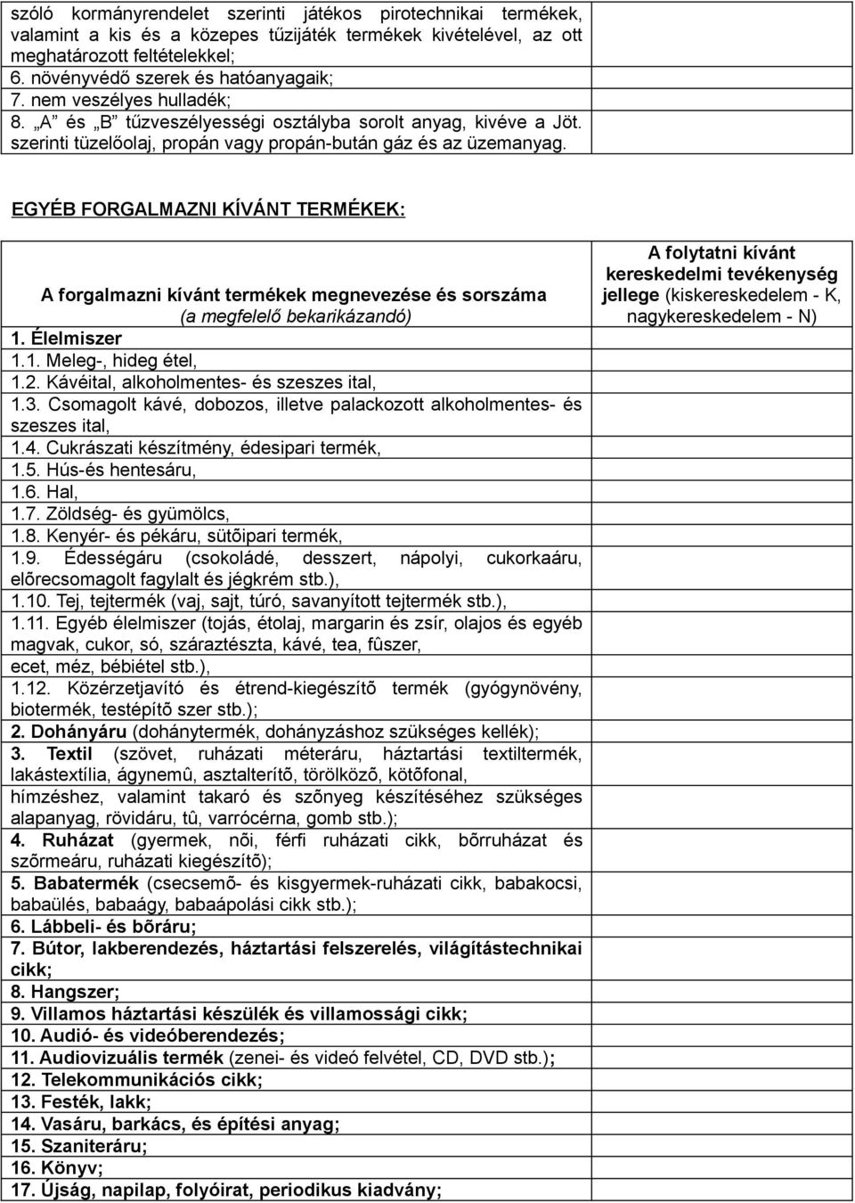 EGYÉB FORGALMAZNI KÍVÁNT TERMÉKEK: A forgalmazni kívánt termékek megnevezése és sorszáma (a megfelelő bekarikázandó) 1. Élelmiszer 1.1. Meleg-, hideg étel, 1.2.