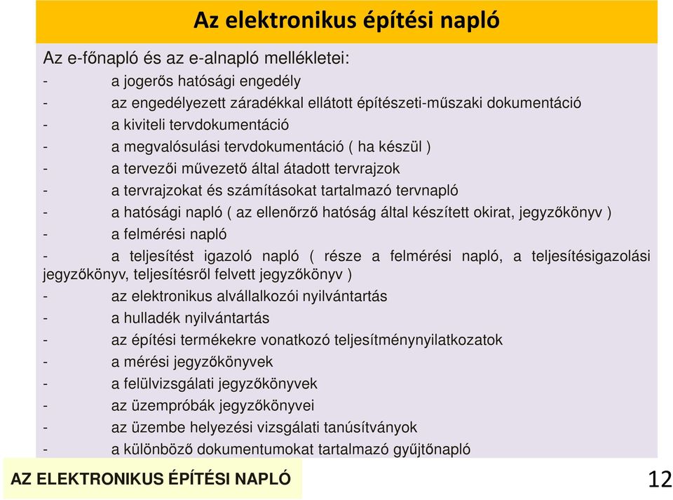 jegyzőkönyv ) - a felmérési napló - a teljesítést igazoló napló ( része a felmérési napló, a teljesítésigazolási jegyzőkönyv, teljesítésről felvett jegyzőkönyv ) - az elektronikus alvállalkozói
