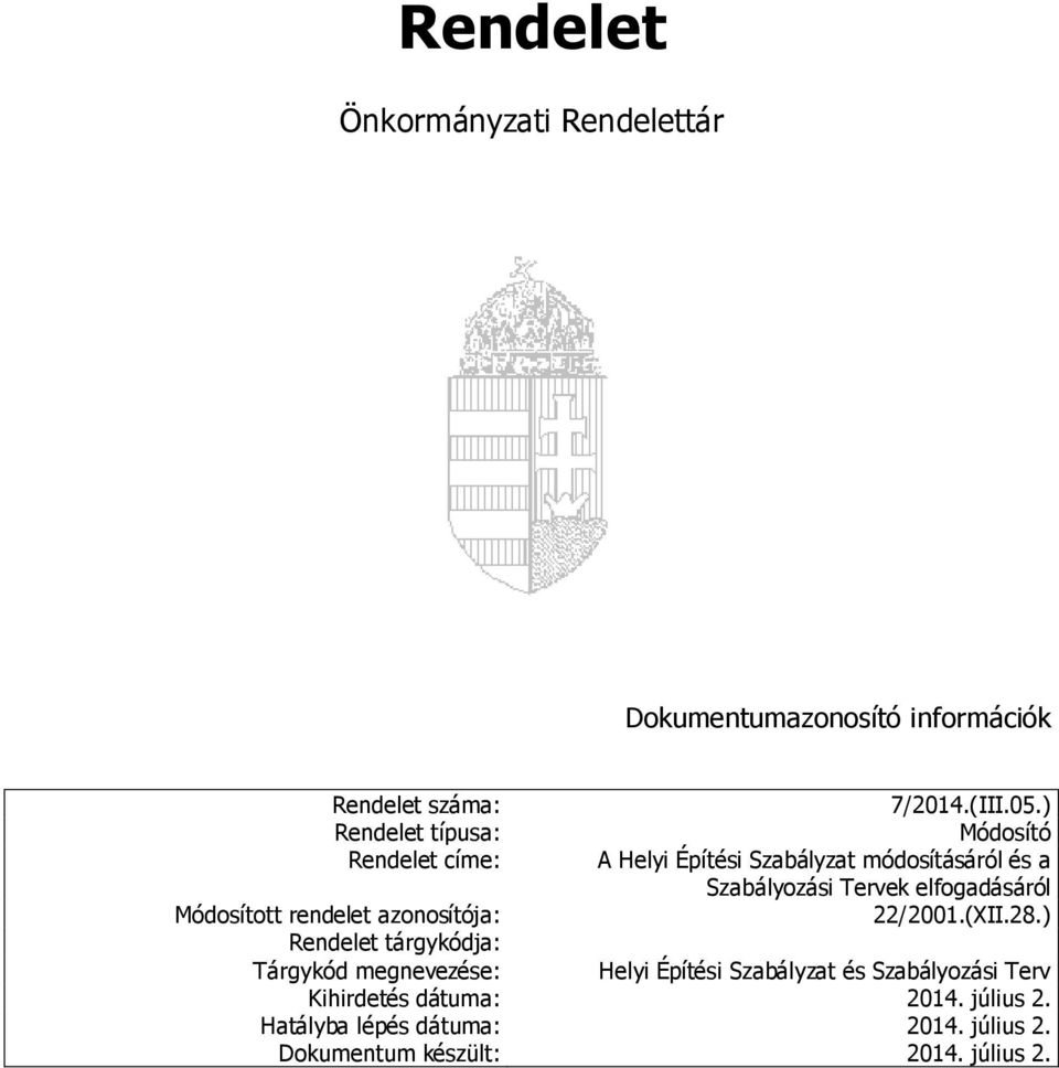 ) Módosító A Helyi Építési Szabályzat módosításáról és a Szabályozási Tervek elfogadásáról 22/2001.(XII.28.