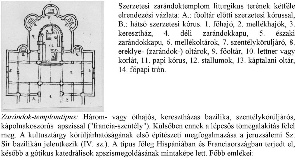 káptalani oltár, 14. főpapi trón. Zarándok-templomtípus: Három- vagy öthajós, keresztházas bazilika, szentélykörüljárós, kápolnakoszorús apszissal ("francia-szentély").