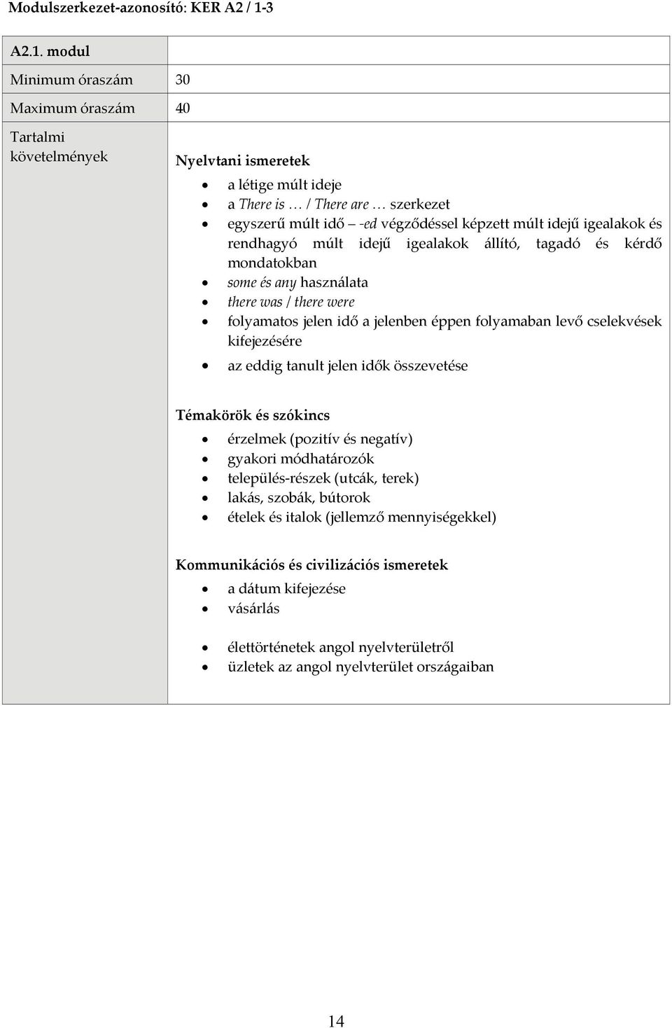 modul Minimum óraszám 30 Maximum óraszám 40 a létige múlt ideje a There is / There are szerkezet egyszerű múlt idő ed végződéssel képzett múlt idejű igealakok és rendhagyó
