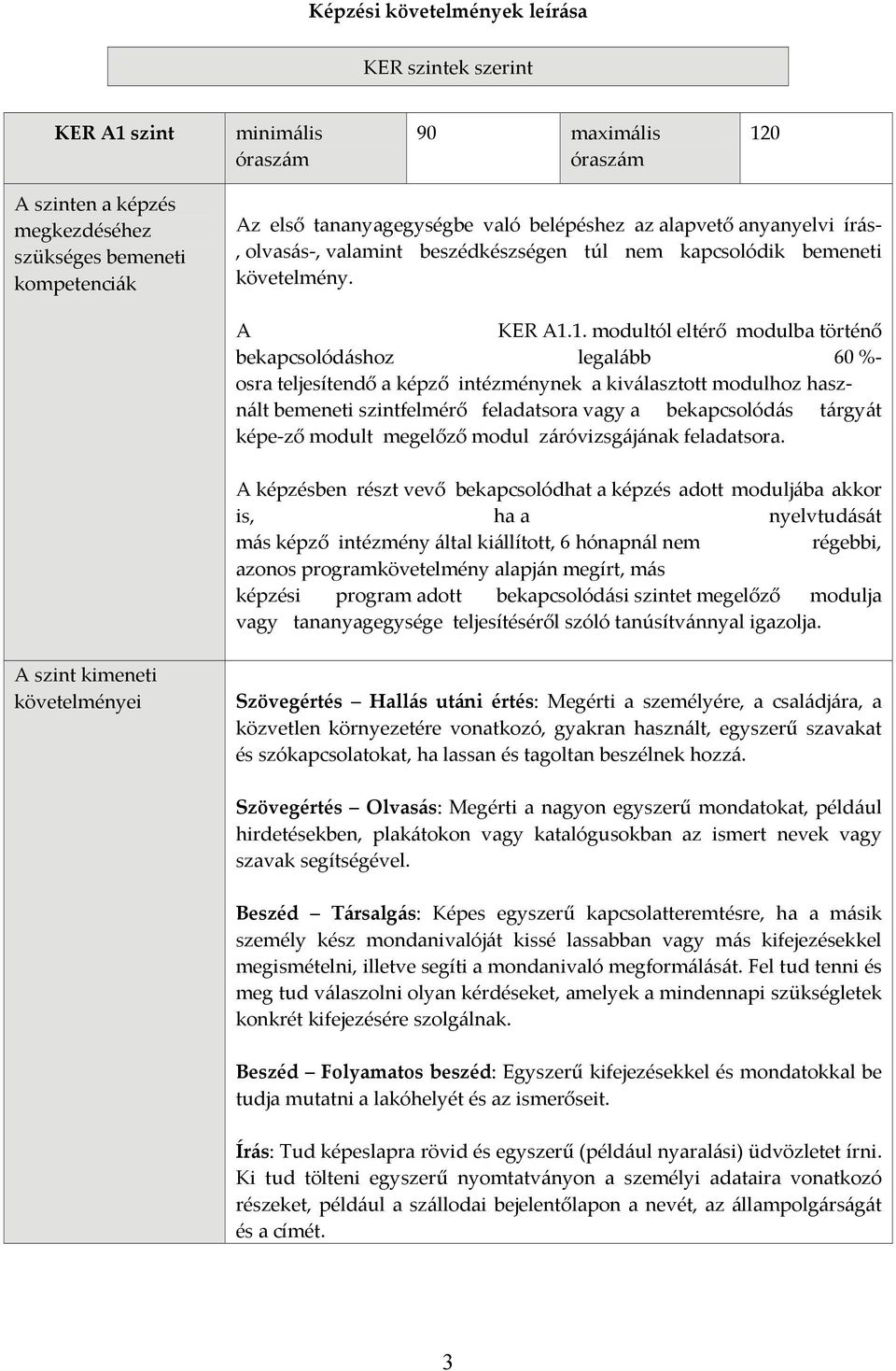1. modultól eltérő modulba történő bekapcsolódáshoz legalább 60 % osra teljesítendő a képző intézménynek a kiválasztott modulhoz használt bemeneti szintfelmérő feladatsora vagy a bekapcsolódás