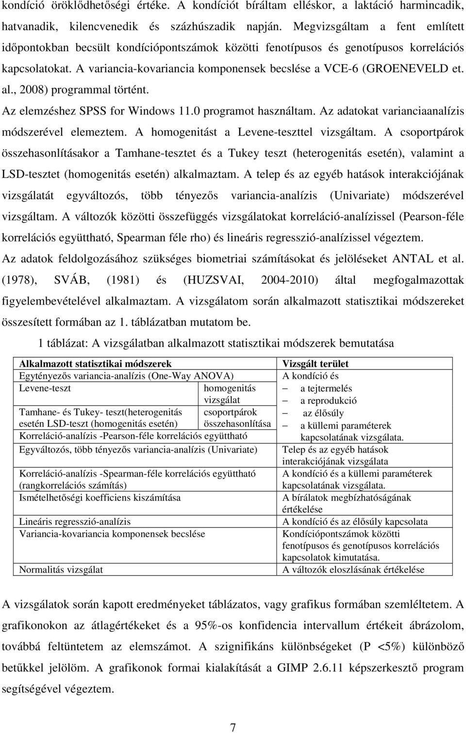 al., 2008) programmal történt. Az elemzéshez SPSS for Windows 11.0 programot használtam. Az adatokat varianciaanalízis módszerével elemeztem. A homogenitást a Levene-teszttel vizsgáltam.