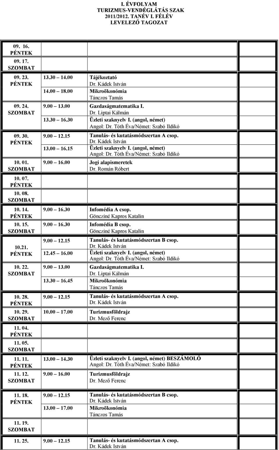 15 Tanulás- és kutatásmódszertan A csop. 13.00 16.15 Üzleti szaknyelv I. (angol, német) 9.00 16.00 Jogi alapismeretek Dr. Román Róbert 9.00 16.30 Infomédia A csop. 9.00 16.30 Infomédia B csop. 9.00 12.