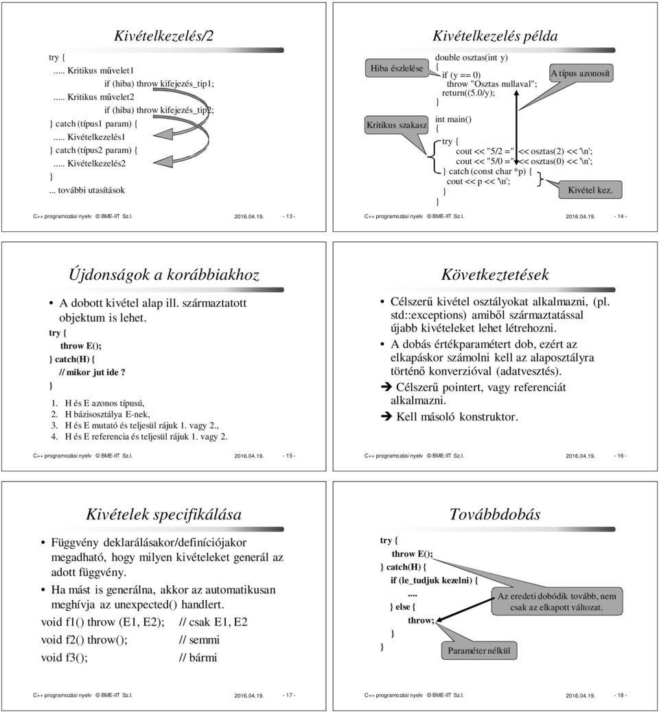 0/y); A típus azonosít int main() { cout << "5/2 =" << osztas(2) << '\n'; cout << "5/0 =" << osztas(0) << '\n'; catch (const char *p) { cout << p << '\n'; Kivétel kez.